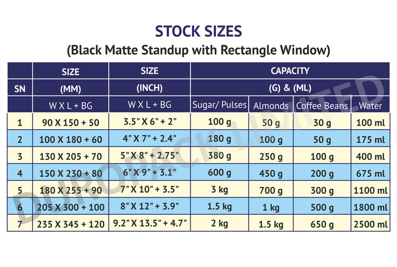 Size chart - Matt Rectangle Window Coloured Standup Pouches