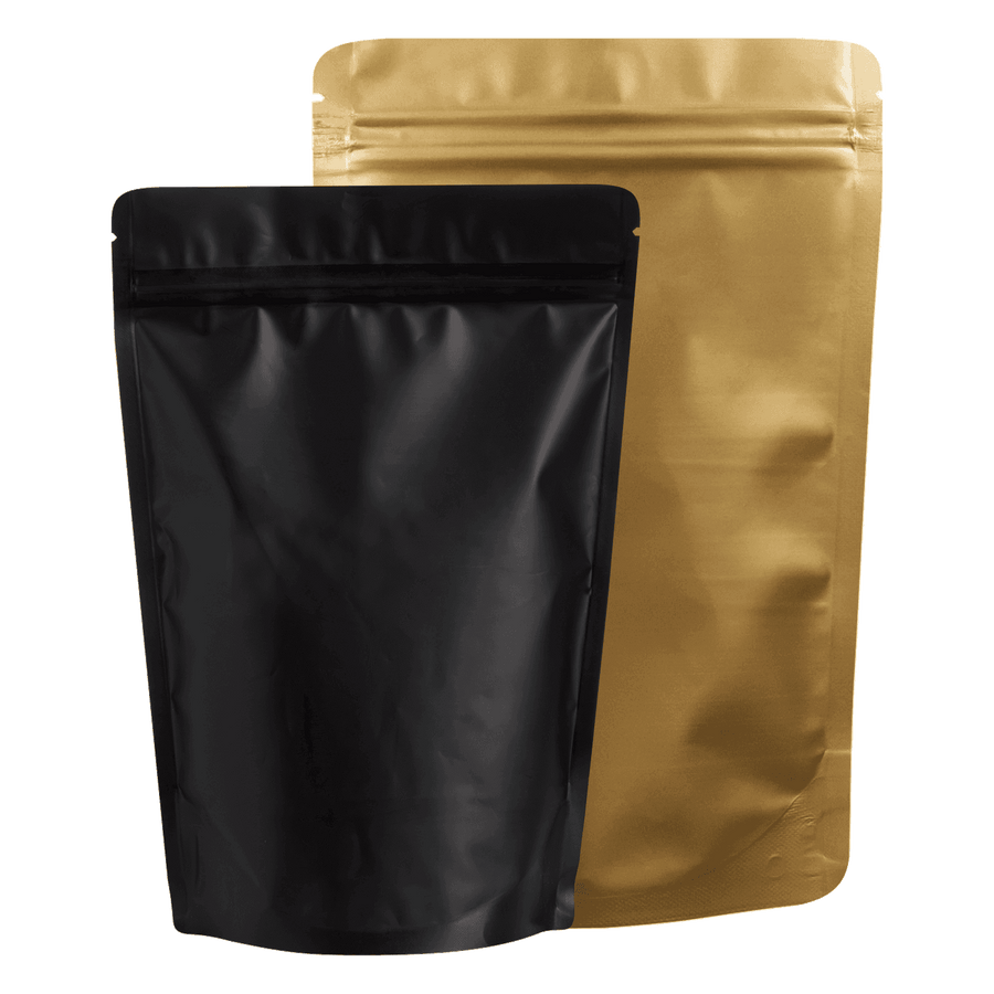 Matte coloured standup pouches in black and golden